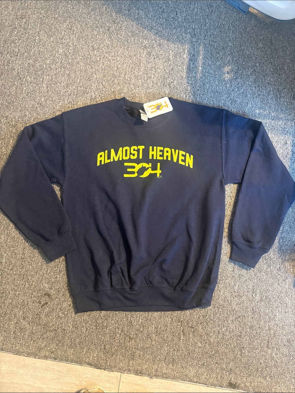 Gildan Navy Crewneck Sweatshirt with Yellow "Almost Heaven 304" Chest Print